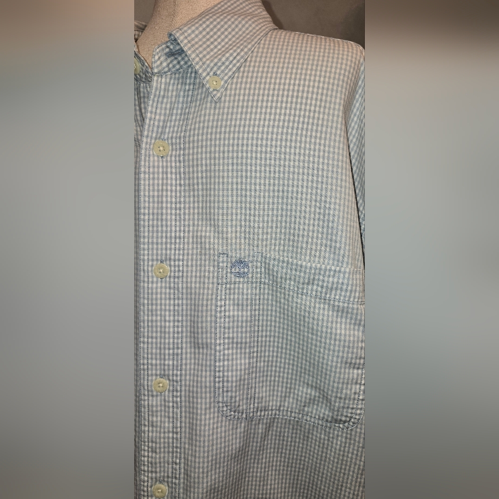 Timberland Light Blue and White Gingham Button-Down Shirt L